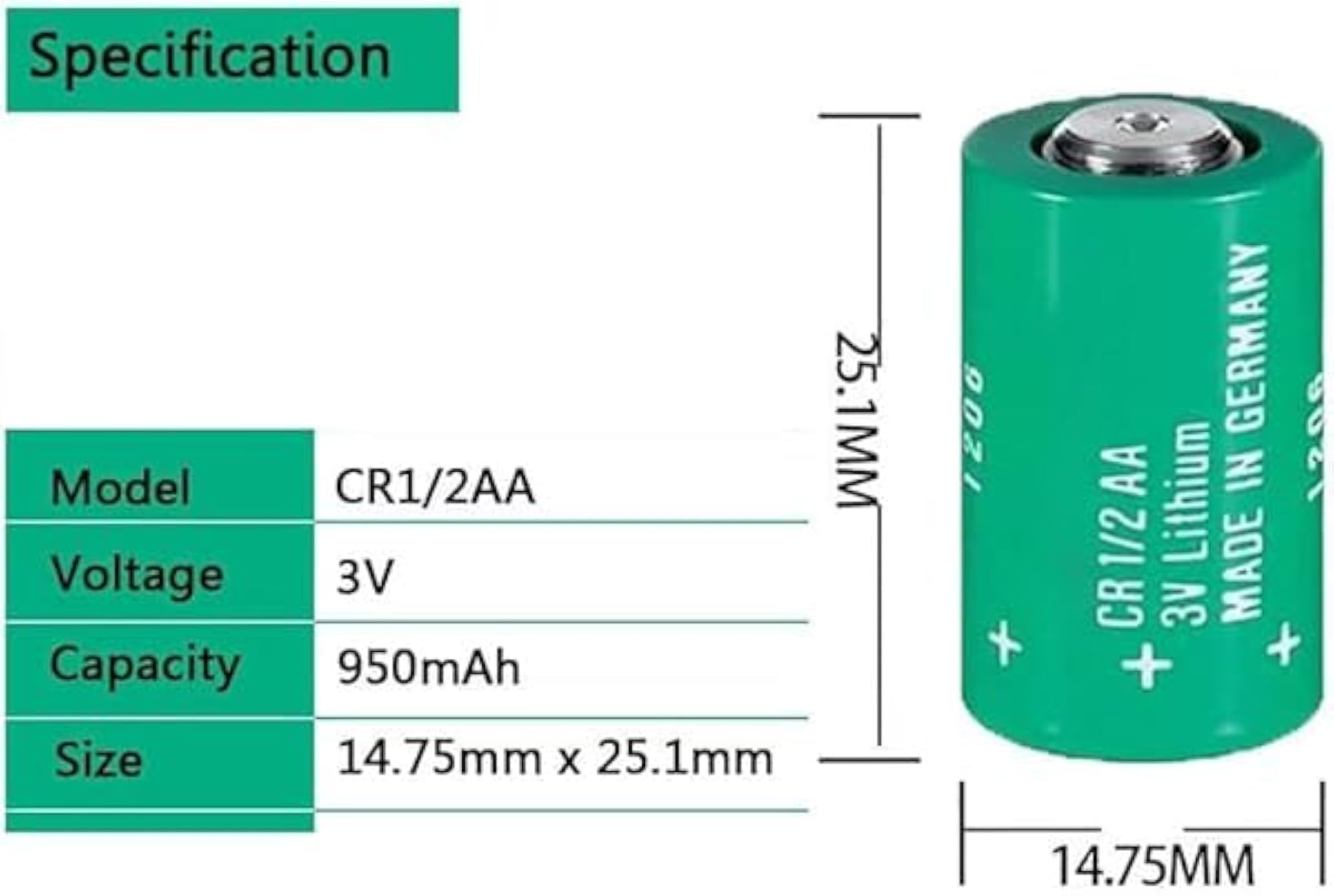 CR1/2AA Lithium Battery 3V 950mAh, 2 Pcs Set