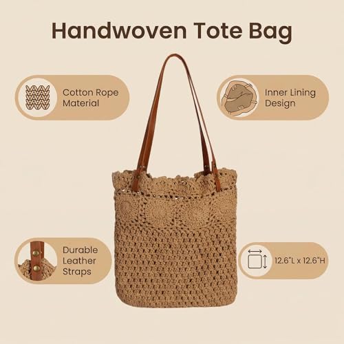 Image of Eiyye Crochet Tote Bag Handwoven Cotton Beach Shoulder Bag with Linen Lining Hobo Summer Vacation Purse for Women