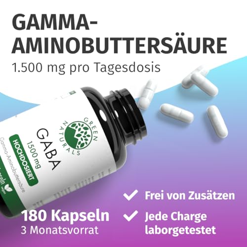 Green Naturals® GABA Kapseln – Hochdosiert: 1.500 mg aus natürlicher Fermentation – 100 % Vegan & Ohne Zusätze – 180 Kapseln (3 Monate) – Premiumqualität aus Deutschland – Vegan & laborgeprüft