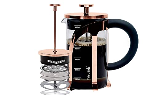 Machine à café et thé noir 600 ml avec système de filtration à 4 niveaux en verre, cuillère à mesurer et outil de nettoyage (Or rose, 600 ml)