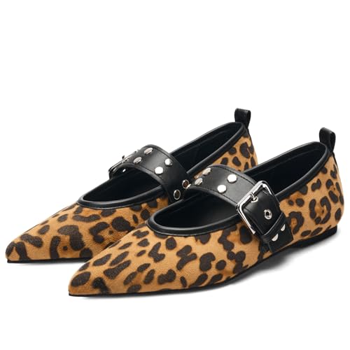 Studs Buckle Strap Ballet Flats Shoes for Women Pointed Toe Ballerina Shoes Mary Jane Flats Comfortable Casual Date Work Driving Dress Shoes
