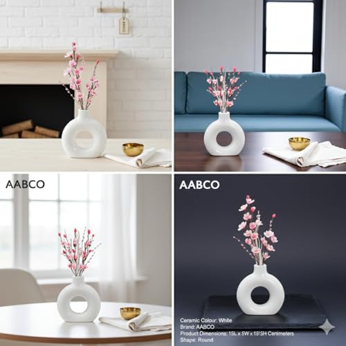Image of Modern Ceramic Ring Vase with Pink Floral Stems, White, Decorative Flower Holder for Home (6 INCH)