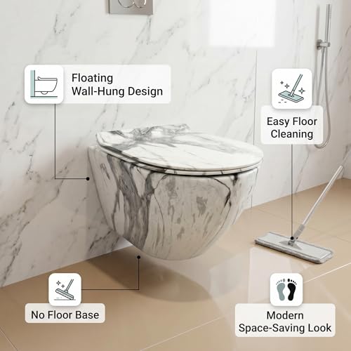 Image of InArt Rimless Ceramic Wall Hung Western Toilet for Bathroom | Wall Mount Commode /EWC /WC /European Water Closet with P-Trap Wall Outlet & Soft Close Seat Cover, White Marble Color