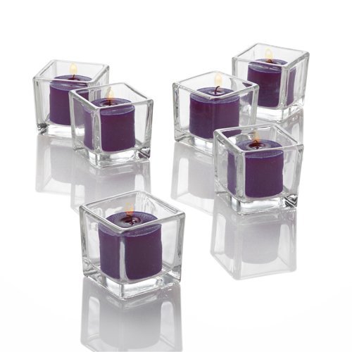 Richland Set of 12 Purple Votive Candles and 12 Square Votive Holders