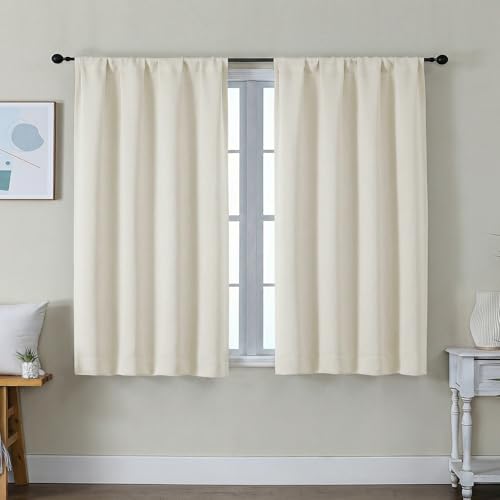 Image of Simplebrand Ava Light Beige Short Light Filtering Curtains for Bedroom 45 Inches Long 2 Panels Set, Solid Thermal Insulated, Energy Saving Window Treatment Curtains Light Filtering, W40 x L45 Inch