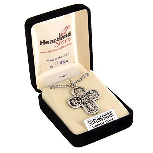 Heartland Men's Catholic 4 Way Cross Sterling Silver Medal Necklace- Handcrafted in USA, Tarnish Resistant, Religious Pendant, Ideal Present for Special Occasions- 24 inch Sterling Silver with Chain2