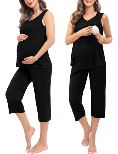 Image of SWOMOG Women Maternity Pajama Set Nursing Pjs Double Layer Sleeveless Top Capri Pregnancy Set Breastfeeding Pjs with Pockets