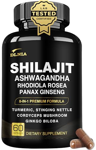 DLNIA 8-in-1 Shilajit for Men & Women with Ashwaganda Himalayan Organic Supplement with Rhodiola Rosea, Ginseng, Turmeric, Mushroom, for Immune Support, Energy, Calm, Focus, Clarity, Sleep, Cortisol