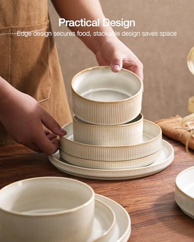 Image of Famiware Star Dinnerware Set with Mugs, Service for 6 (24 Pieces), Ribbed Stoneware Plates and Bowls Dishes Sets - Chip & Scratch Resistant, Microwave & Dishwasher Safe, Cappuccino White