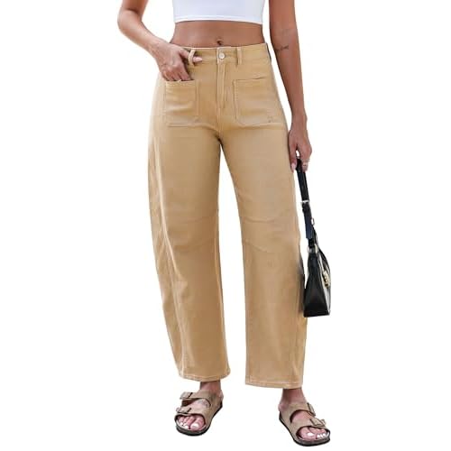 Eddoyee Wide Leg Barrel Pants Women - Stretchy High Waist Baggy Pants Y2k Boyfriend Ankle Trousers with Pockets Khaki X-Large