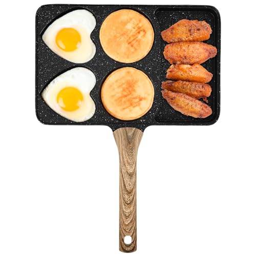 Alongen Padella per frumento con rivestimento in pietra di grano, piccola padella con 5 scomparti e manico rimovibile, 5 in 1, antiaderente per la colazione (nero)