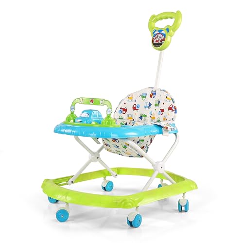 Image of BabyGo Gogo Baby Walker for 6-24 Months, Baby Walker with Push Handle & Activity Tray, Foldable Adjustable Height Infant Walker with Wheels, Music,Toy Bar and Comfotable seat (Blue -Green)
