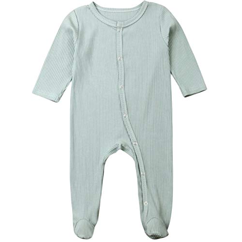 Kuriozud Newborn Infant Unisex Baby Boy Girl Button Solid Footie Romper Bodysuit One Piece Jumpsuit Outfits Clothes (Footie Romper Light Green, 0-3 Months)