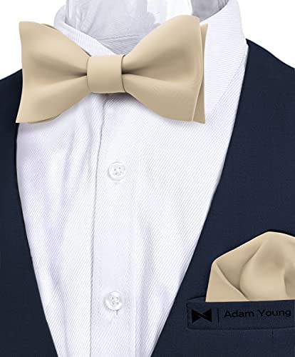 Adam Young Men's Beige Self Tie Bow Tie With Pocket Square Formal Satin Classy Bowtie For Tuxedo Faux Silk (Classic, Champagne) #TOP1
