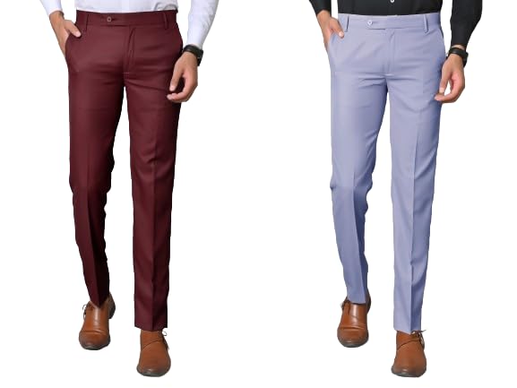 Men Regular Fit Cotton Blend Trousers (Pack of 2 Brown & Sjy Blue)-picture-37