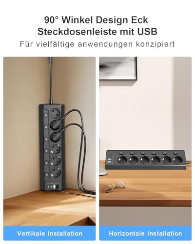 Vipwell Ecksteckdose mit Unabhängigem Schalter，Steckdosenleiste Mit 4 USB (2 USB C)+6 Fach Steckdose Mit Kindersicherung, 3680W, 2M Verlängerungskabel für Küche, Büro, Haushalt (Schwarz) 5