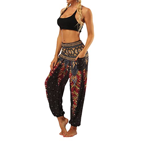 Générique Boho DéContracté Sarouel pour Femme Taille SmockéE Yoga Hippie Pantalon De Plage D'éTé Thai Bloomer VêTements Fluides avec Poches (Le Noir,Average Code)