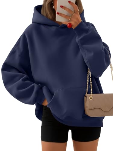 EFAN Women's Oversized Fleece Hoodie, Cozy Plush Pullover Sweatshirt with Pocket Navy M