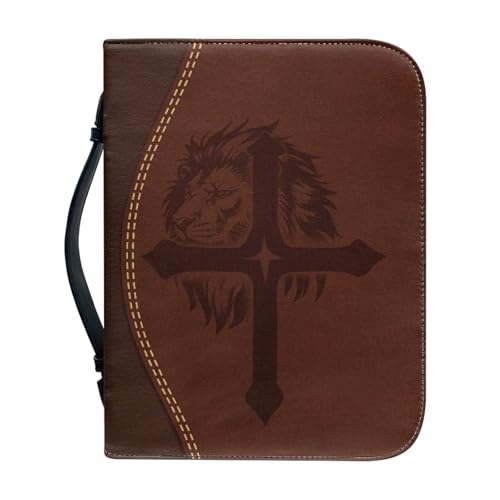 Glomenade PU Leather Bible Cover Case for Womens Girls Retro Lion Cross Print Bible Cover Bags with Handle Easy to Carry Portable Large Capacity Scripture Bag