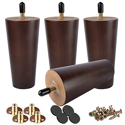 Image of 10 inch Solid Wood Furniture Legs, 4Pcs Mid-Century Modern Walnut Wooden Replacement Feet with Threaded 5 /16'' Hanger Bolts & Mounting Plate & Screws for Sofa Couch Armchair Cabinet TV Stand