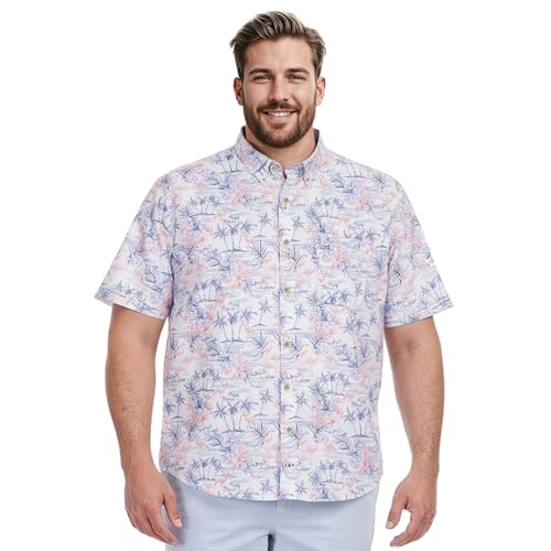 Izod Men's Big and Tall Saltwater Dockside Short Sleeve Button Down Shirt, Bright White Pink Flamingo, XX-Large Tall