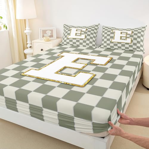 Image of Erosebridal Sage Green Checkered Sheet Set Full Plaid Initial E Bed Sheets Personalized Monogram Bedding for Kids Boys Girls,Fashion Grids Gingham Bed Sheets Set 4 Piece