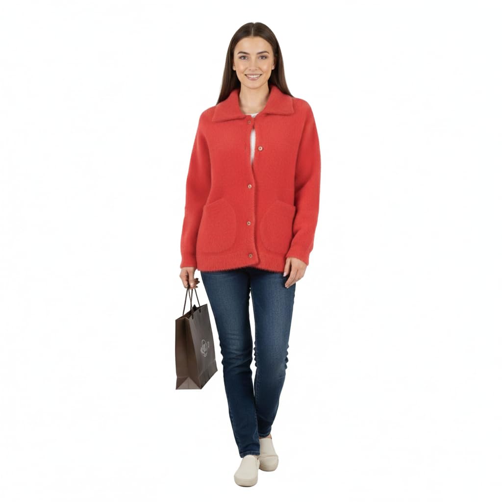Women Red Wool Blend Cardigan Bust 41 Inch Warm Winter Button Front Sweater Length 25.5 Inch-picture-53
