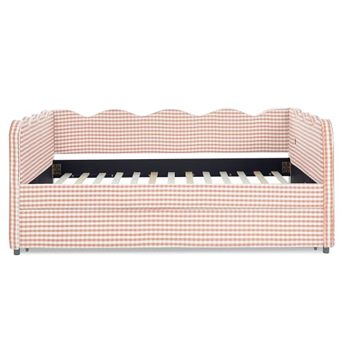 Image of KEIKI Full Size Upholstery Daybed with Trundle and USB, Full to King Design Adorable Wave Shaped Extendable Linen Sofa Bed, Easy Assembly, No Box Spring Required, for Living Room and Bedroom, Pink