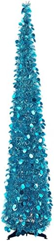 5ft Pop up Christmas Tinsel Tree with Stand，MACTING Easy-Assembly Tinsel Coastal Glittery Christmas Tree for Holiday Xmas Decorations (Blue)