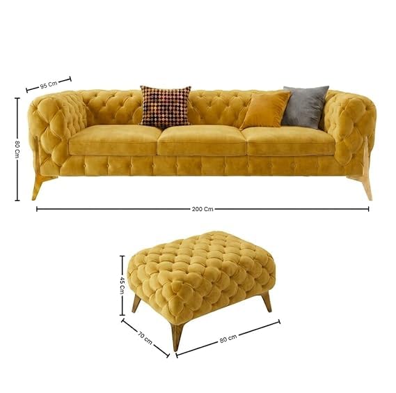 Image of A to Z Furniture Modern Classic Fabric & Valvet Tufted Chesterfield Sofa Living Room and Office (3+1= 4 Seater Sofa Set with Footrest Mustard Yellow)