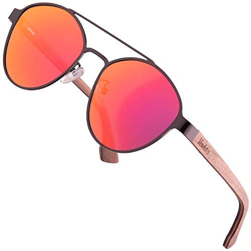 Verdster Dubai Lunettes de Soleil Metallique Polarisées pour Homme & Femme - Branches en Bois de Noyer avec Monture en Acier Inoxydable