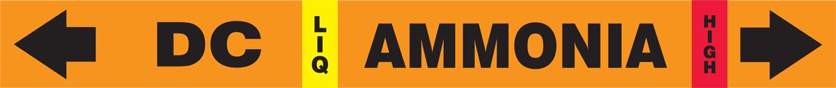 Accuform RAP302D Snap Tite IIAR Ammonia Pipe Marker, DC/LIQ/HIGH for 1-1/2" to 2" OD Pipe, 9" W x 14" L, Black/Yellow/Red on Orange