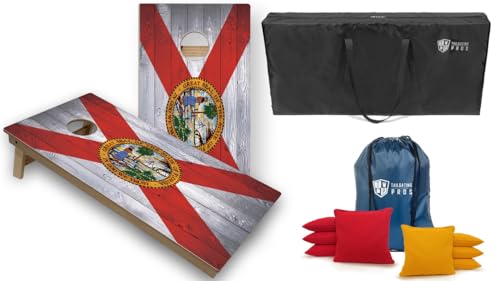 Tournament Grade Tailgating Pros Regulation Cornhole Boards Flag Set - Includes 8 Bean Bags, Carrying Cases, and 4'x2' Corn Hole Toss Game w/Ring Light
