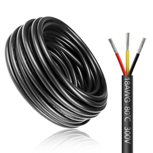 LightingWill 16.4FT/5M 18AWG 3x0.75mm² Electrical Wire 3 Core Cable, 18 Gauge 5V/12V/24V/240V/300V Low Voltage Extension Cable, Tinned Copper Wires, Flexible Wire High Temperature Resistant