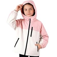Hoseay Kinder Jacke Wasserdicht Winddicht Regenjacke mit Reflektierenden Streifen und Kapuze Leicht Windbreaker Mädchen Funktional Oberbekleidung Camping Alltag für Alter 13, Pink Weiß