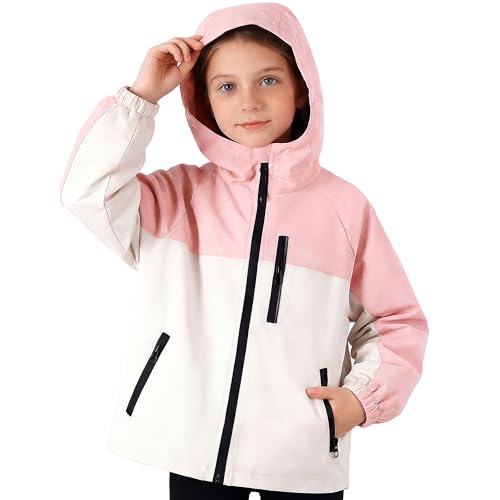 Hoseay Kinder Jacke Wasserdicht Winddicht Regenjacke mit Reflektierenden Streifen und Kapuze Leicht Windbreaker Mädchen Funktional Oberbekleidung Camping Alltag für Alter 13, Pink Weiß