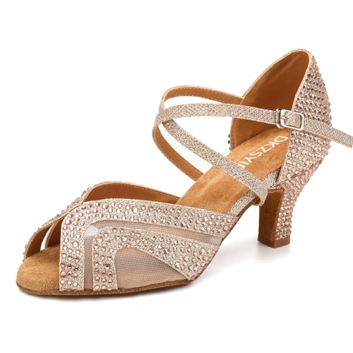 DKZSYIM Women Rhinestone Latin Ballroom Dance Shoes Bachata Salsa Practice Performance Dance Shoes,Model QJW1025