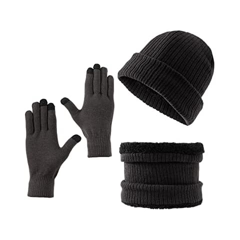 Winter Beanie Hat Scarf Touchscreen Gloves 3Pcs Set for Men and Women, Gloves Beanie Neck Warmer with Warm Fleece Lined (Gray) Cover