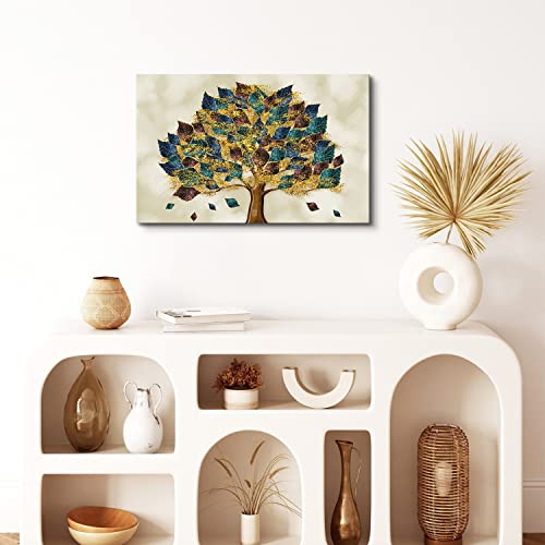 Tree Of Life Framed Wall Art Bedroom Living Room Wall Decor Brown Turquoise Minimalism Leaves Pictures Canvas Prints Abstract Botanical Painting Nature Forest Artwork For Office Home Decoration 16X24 #TOP5