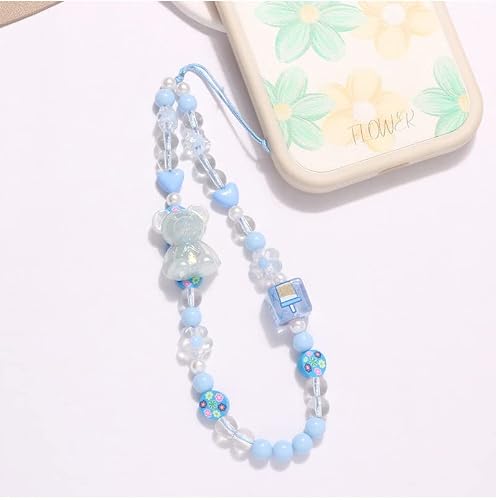 Meefisher 3 Pcs Purple Pink Blue Bears,Pink Beaded White Bear Phone Charm Lanyard Wrist Strap Cute Flower Charms Anti-Lost Chain Accessories Sweet Gifts For Women Girls #TOP3