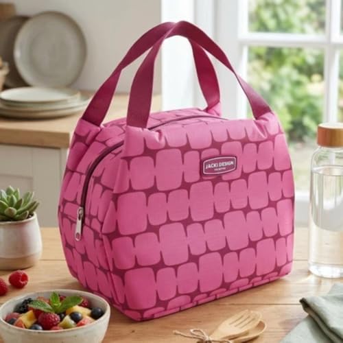 Bolsa Térmica Rosa com Estampa Geométrica, Zíper, Alça de Mão, 23x14x20,5 cm, para Trabalho e Passeios