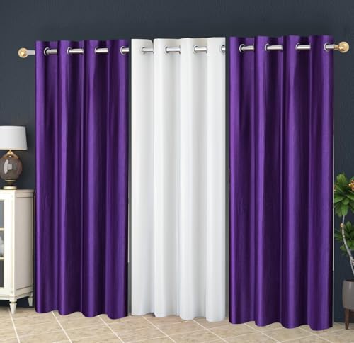 Image of Eyelet Polyester Modern Solid Crush Pack of 3 Pcs. Curtains (Purple & White, Door- 7 Feet (Pack of 3))