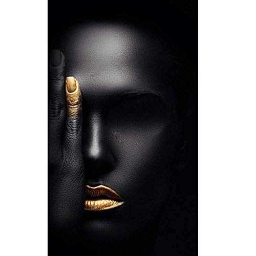 Arte de la pared de la lona 40x120cm (15.7x47.2in) sin marco Negro y dorado Retrato de rostro de mujer africana Carteles e impresiones Imagen de arte de pared para la decoración de la sala de estar
