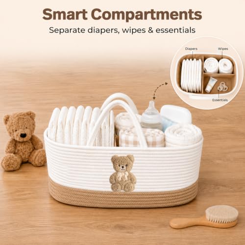 Image of Baby Diaper Caddy Organizer, Teddy Bear Cotton Rope Nursery Basket