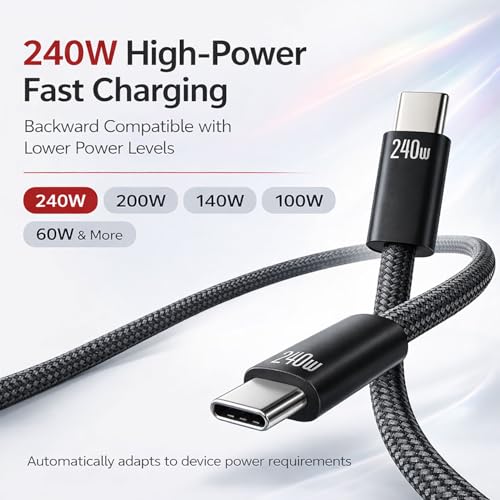 Image of 240W Type C Cable|Type C To Type C|C To C Cable Fast Charging|Supports Android & iPhones, Laptop, MacBook, Tab,Gaming Console, DJI Drones,Goggles, Printers,Hard Drives,Power Bank&More|1.2 Meter