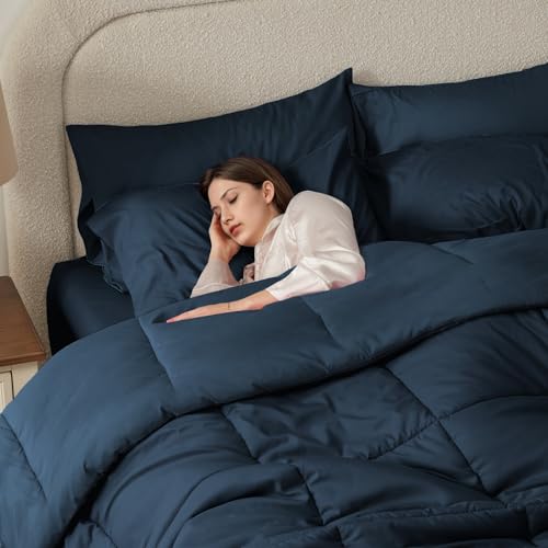 Anluoer Twin Size Bed in a Bag 5 Pieces, Navy Blue Bed Comforter Set with Sheets, All Season Bedding Sets with 1 Comforter, 1 Pillow Sham, 1 Pillowcase, 1 Flat Sheet, 1 Fitted Sheet