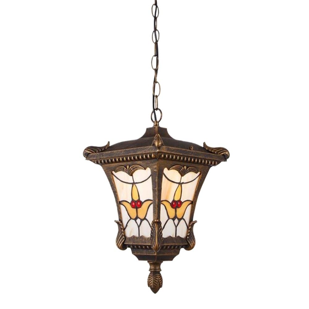 Bloohk One Color Stained Glass Hanging Lamp, Antique Bronze Metal Outdoor Indoor Pendant Light, Victorian Lantern Fixture For Porch, Entryway, Foyer, Hallway Decor