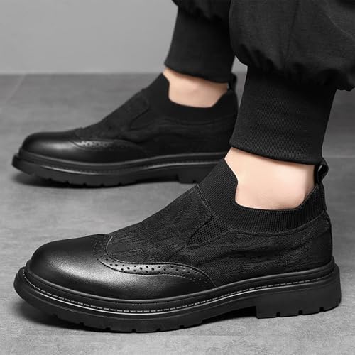 Men's Leather Splicing Platform Wingtip Loafers Round Toe Breathable Lug Sole Slip On Brogue Dress Shoes for Business Office Casual 6