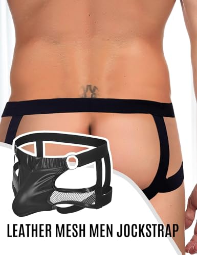 comeondear Sexy Boxershorts Herren mit Öffnung Lack Boxer Wetlook Shorts Jockstrap Männer Sissy Dessous Große Größen Lackleder Unterwäsche Hinten Offen Slip mit Beutel Gay Underwear Man Schwarz,L
