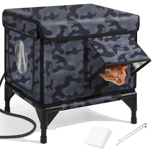 Heated Cat House for Outside Dual Camera Mounts 100% Weatherproof & Extremely Insulated Elevated Feral Cat Shelter with Escape Door Waterproof Eaves for Outdoor Stray Barn Cat(Dark Camo S)
